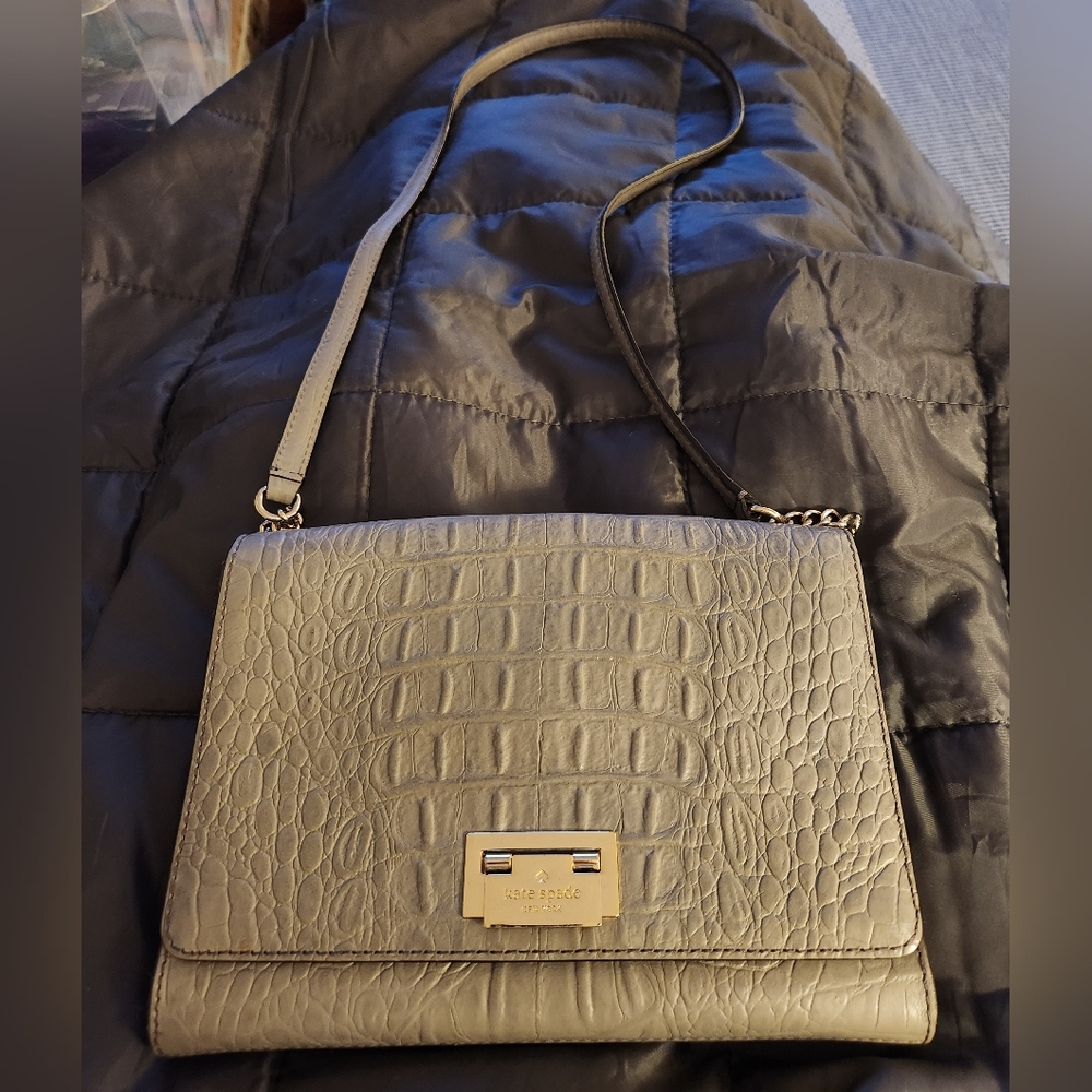 Kate Spade Harwood Place Fiona Leather Croc Embossed Slim Crossbody Grey